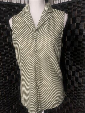 NY Collection Olive Green and White Striped Sleeveless Button Front Top